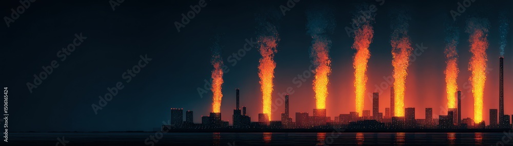 Obraz premium Global Warming City skyline emitting flames against a dark backdrop at night.