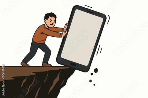 Digital detox concept: Determined man pushing oversized smartphone off cliff. Vector illustration about escaping technology addiction, social media overload, and finding freedom.