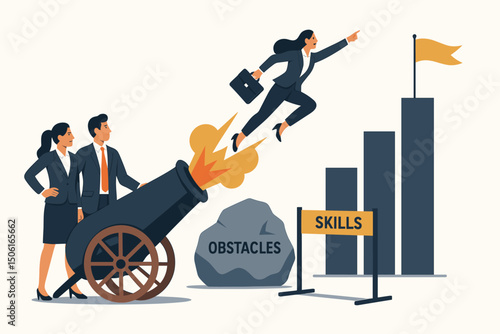 Propelling career forward: Businesswoman launched by colleagues from a cannon, navigating obstacles and skills to reach ambitious success goals represented by growth chart vector concept.