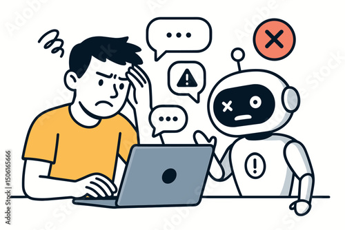 Stressed man at laptop frustrated by AI chatbot error, depicting technical failure, system malfunction, bad customer support experience, and user confusion vector art illustration.