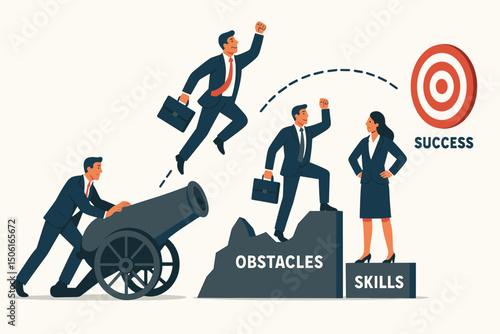 Business team overcomes obstacles using skills, ambition, and unconventional cannon strategy to launch towards the success target, symbolizing career growth and goal achievement vector.
