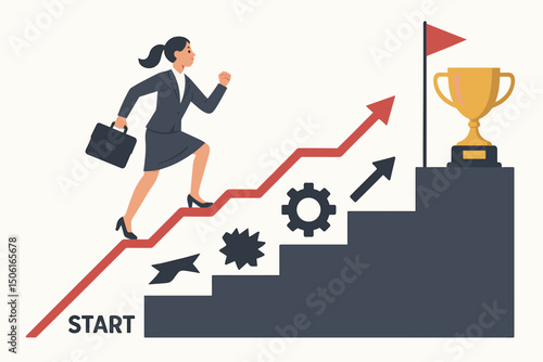 Ambitious businesswoman running up career path stairs towards victory trophy and flag. Vector graphic illustrating professional progress, motivation, achieving goals, and success.