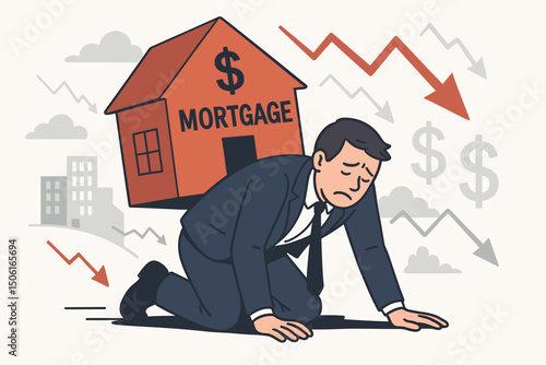 Stressed businessman carrying heavy house representing mortgage debt, symbol of financial crisis, housing market struggles, loan burden, and economic downturn vector illustration.