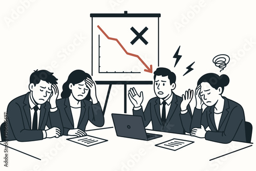 Frustrated corporate team faces business failure during tense meeting, reviewing negative downward trend chart presentation, colleagues stressed by decline and problems vector art.