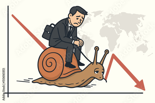 Snail-paced economic decline shown by sad manager riding snail along downward trend graph. Metaphor for slow global recession, financial crisis, market stagnation, poor performance.