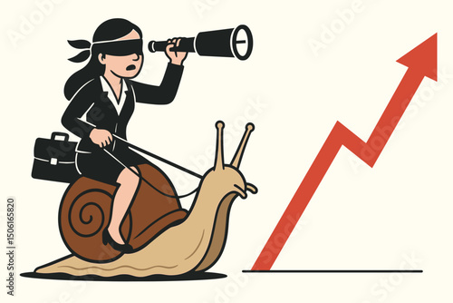 Metaphorical vector graphic: Blindfolded executive with telescope rides snail towards upward arrow graph, symbolizing poor planning, snail's pace growth, and lack of strategic vision.