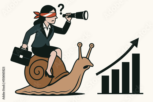 Confused blindfolded businesswoman with briefcase rides a snail, using a telescope to find slow business growth on a chart, illustrating uncertain strategy and lack of vision.