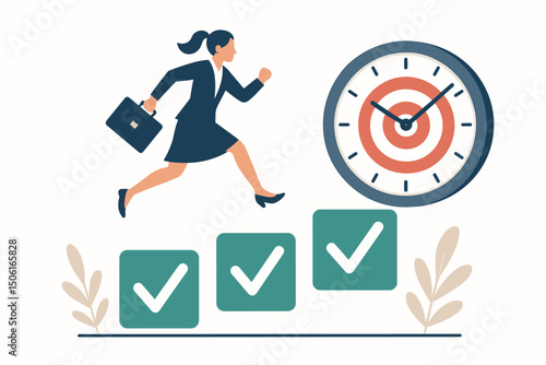 Businesswoman efficiently running up checklist steps towards a target clock, symbolizing goal achievement, time management, project completion, and career progress vector illustration.