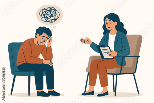 Mental health therapy session vector illustration. Man experiencing depression and anxiety talks with a female counselor or psychologist for support and professional treatment advice.