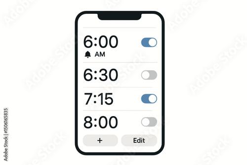 Managing morning routines with a smartphone alarm clock app vector graphic showing multiple configurable wake-up times, toggle switches, and editing features for schedule planning.
