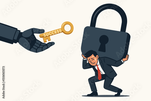 Technology unlocks success conceptual vector. Robot hand offers golden key to struggling businessman carrying heavy padlock, illustrating AI providing solutions to business burdens.