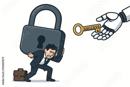 Robot Hand Offers Success Key to Struggling Businessman Carrying Heavy Padlock Burden Vector Illustration Concept of AI Technology Providing Business Solutions and Unlocking Potential