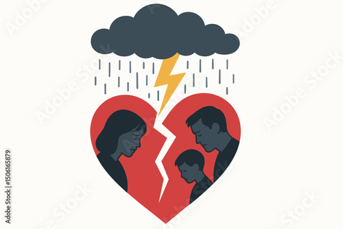 Sad family silhouettes (man, woman, child) inside a broken heart split by lightning from a rain cloud, vector graphic symbolizing divorce, separation, crisis, and heartbreak.