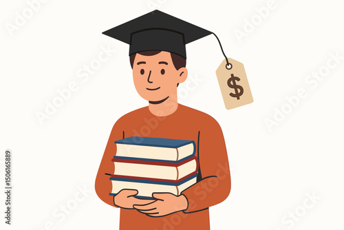 Vector illustration of a male graduate student holding books, wearing a mortarboard with a dollar price tag attached, symbolizing the high cost of education, tuition fees, and student loans.