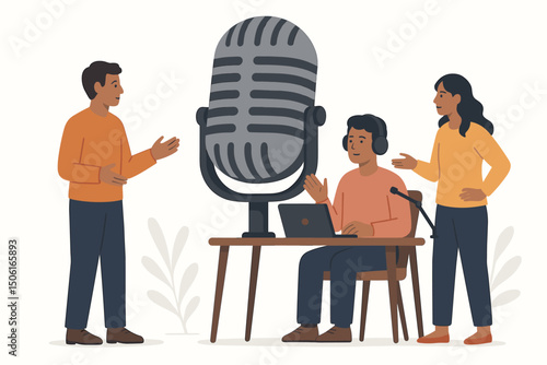 Radio show interview illustration featuring a host with headphones at a desk with a laptop, speaking with guests around a large vintage microphone in a broadcasting studio setup.