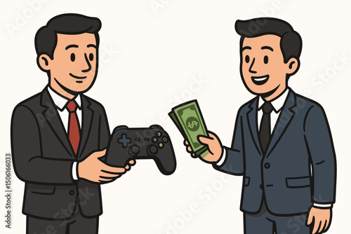 Businessmen in suits exchanging a video game controller for dollar bills, depicting the financial side of gaming, investment, microtransactions, game industry deals, and commerce.