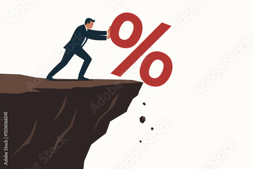 Businessman pushing a giant red percentage sign off a cliff, symbolizing conquering financial challenges, reducing debt, overcoming high interest rates, and managing economic risk.