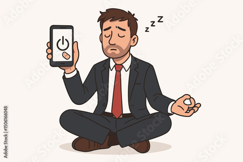 Exhausted businessman in suit meditates in lotus pose, holding smartphone with power off symbol for digital detox. Concept of relaxation, mindfulness, work-life balance, and technology break.