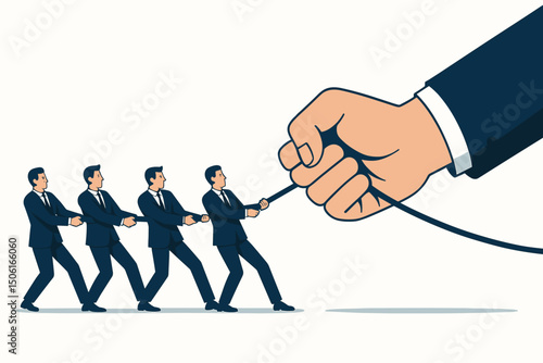 Minimalist vector graphic depicting a team of businessmen engaged in a tug-of-war against a giant corporate hand, illustrating business competition, power struggle dynamics, and collective effort.