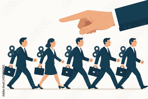 Wind-Up Business Team: Vector illustration of corporate employees as puppets marching obediently, guided by a pointing hand representing control, leadership, and workplace conformity.