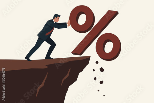 Financial vector concept: Resolute businessman pushing a burdensome percentage sign off a steep cliff, illustrating the fight against high interest rates, debt, and economic crisis.