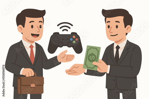 Flat vector illustration of businessmen exchanging a game controller for money, representing game sales, microtransactions, video game industry investment, and commercial deals.
