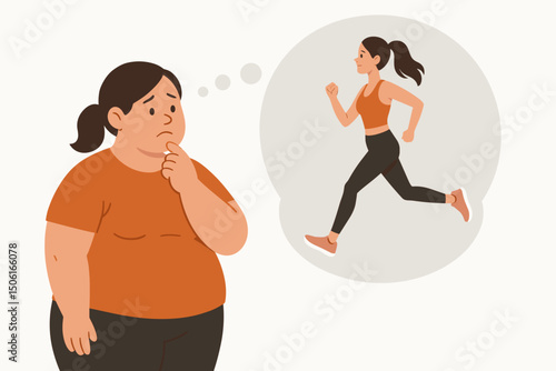 Sad overweight woman thinking about getting fit, visualizing herself running. Weight loss journey motivation, healthy lifestyle transformation concept vector illustration.