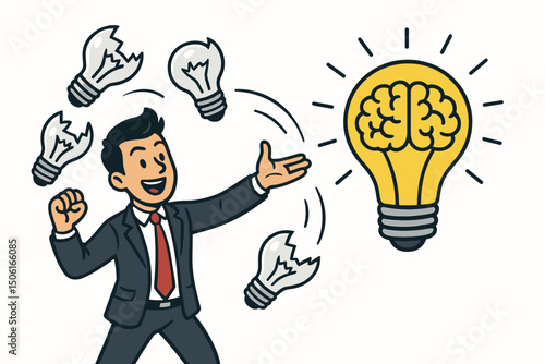Creative breakthrough concept vector illustration. Happy businessman finds a brilliant idea, represented by a brain in a large lightbulb, after discarding failed attempts shown as broken bulbs.