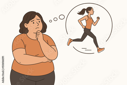 Thoughtful plus-size woman aspiring to be fit, imagining herself running. Vector illustration about weight loss motivation, body transformation goals, and starting exercise.