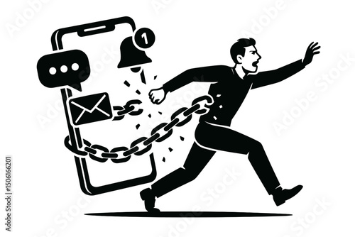 Man breaking free from heavy digital chains, escaping smartphone addiction and notification overload. Vector illustration symbolizing digital detox, freedom from technology, social media stress.