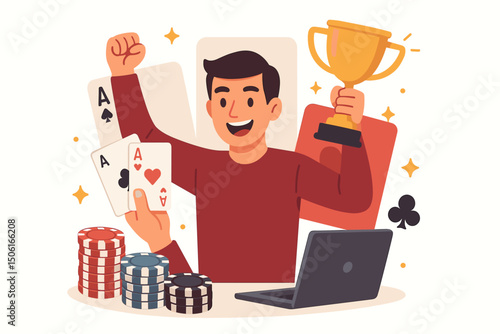 Successful online poker player celebrates tournament win holding three aces and gold trophy, sitting with laptop and chips. Vector illustration of happy gambler champion victory.