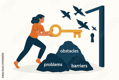 Overcoming challenges vector concept. Woman with large key faces obstacles, problems, barriers to unlock door to freedom, symbolizing finding solutions, growth, and new opportunity.