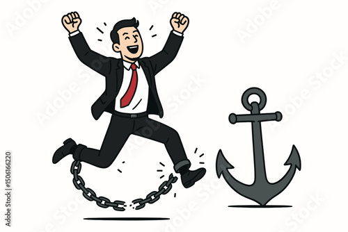 Businessman breaking free from heavy anchor chain, leaping forward with joy. Vector illustration symbolizing liberation from debt, burdens, and restrictions for business success.