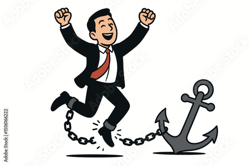 Happy Executive Escapes Burden, Breaking Heavy Anchor Chain with a Freedom Leap, Illustrating Success, Overcoming Challenges, and Achieving Business Goals Cartoon Vector