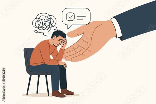 Counseling and therapy vector graphic depicting a helping hand guiding a distressed man through confusing thoughts towards mental clarity, symbolizing psychological support and healing.
