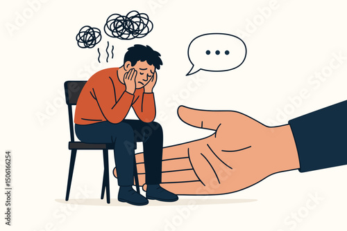 Helping hand offers support and communication to a distressed man sitting alone, symbolizing therapy, counseling, mental health treatment, empathy, and overcoming psychological problems.