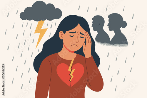 Vector illustration of a heartbroken woman suffering from emotional pain, depicted with a storm cloud, rain, lightning, and broken heart symbol, representing sadness and despair.