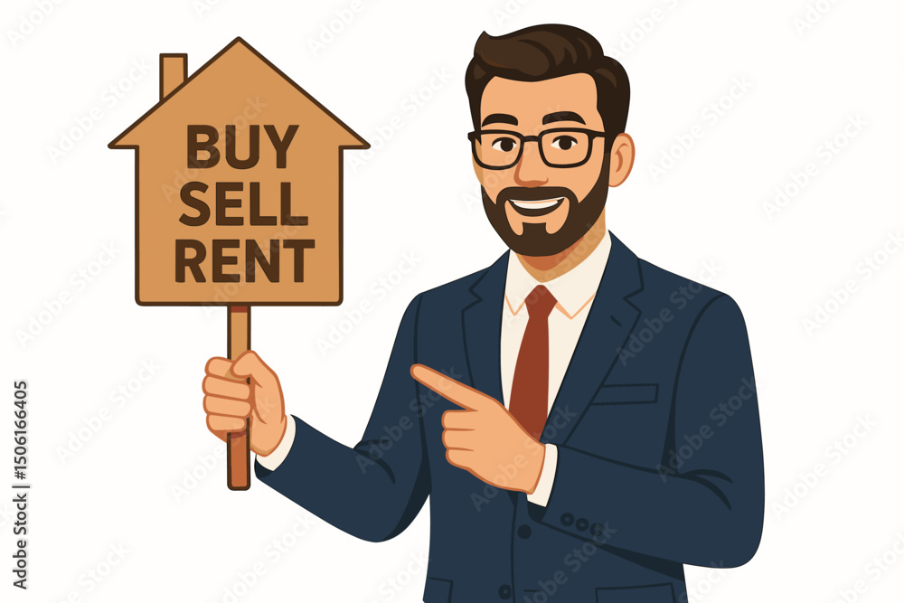 Friendly bearded businessman real estate broker pointing to a house sign with 'Buy Sell Rent'. Vector illustration for property investment, housing market, mortgage and renting services. Friendly bearded businessman real estate broker pointing to a house sign with 'Buy Sell Rent'. Vector illustration for property investment, housing market, mortgage and renting services.