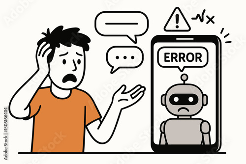 Vector illustration of a stressed man reacting to a chatbot error on his smartphone. Depicts AI failure, technical glitch, poor user experience, communication breakdown, and customer support issue.