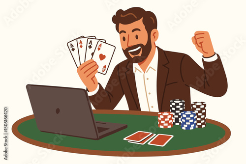 Vector illustration of a joyful man winning an online poker hand with four aces, celebrating success at his laptop with chips on the table. Gambling, gaming, and victory concept.