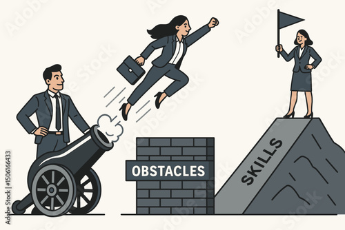 Teamwork propels career: Businesswoman launched from cannon by manager, soaring over obstacles using skills to achieve professional goals and corporate success vector illustration.