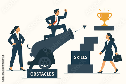 Business success concept: Ambition drives manager shortcut via cannon launch over obstacles, competing with colleague building skills step-by-step towards trophy goal vector.