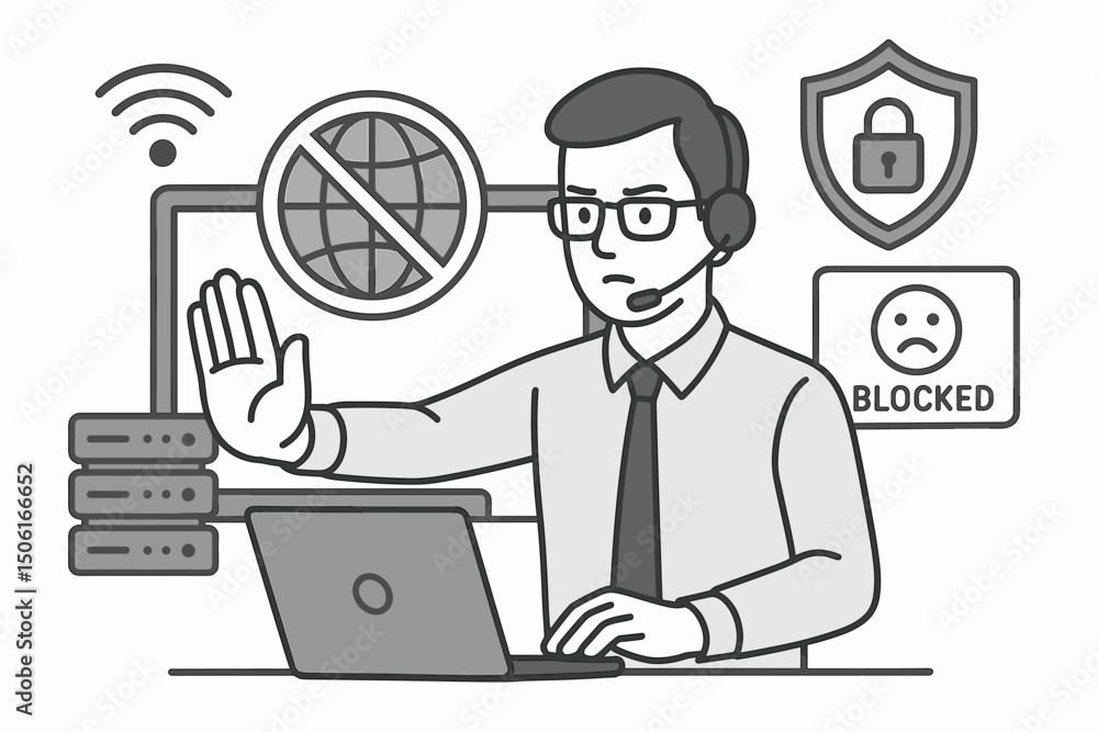 Blocked internet access concept in grayscale line art. System administrator restricts web connection with firewall security icons and stop gesture, vector illustration for control. Blocked internet access concept in grayscale line art. System administrator restricts web connection with firewall security icons and stop gesture, vector illustration for control.