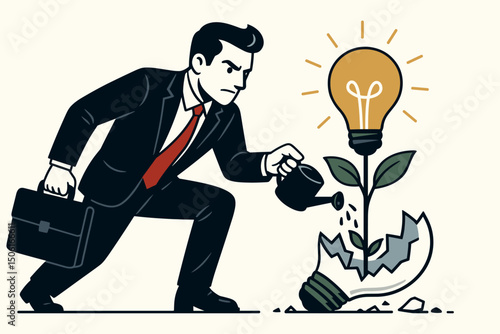 Nurturing innovation concept: Focused businessman waters a bright idea lightbulb sapling emerging from a broken bulb, symbolizing growth, investment, and resilience in business.