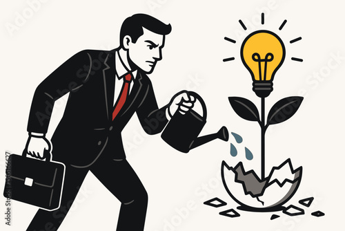 Cultivating Success: Businessman Waters Growing Lightbulb Idea Plant Emerging from Cracked Eggshell Vector Illustration for Business Development, Innovation, and Investment Concept