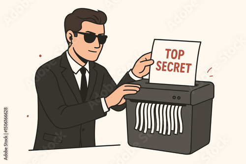 Secret agent in sunglasses shredding top secret documents. Vector illustration depicting a spy destroying classified information, evidence destruction, and data security concept for business.