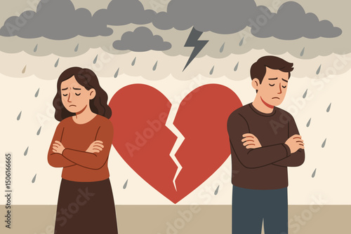 Heartbreak and relationship conflict vector illustration showing a sad man and woman separated by a large cracked red heart under stormy, rainy skies with lightning, representing divorce.