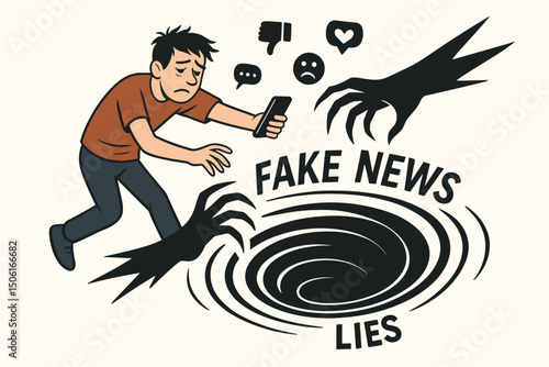 Danger of fake news and lies online concept vector art, worried man with phone sucked into digital abyss by social media influence, representing misinformation and cyberbullying effects.