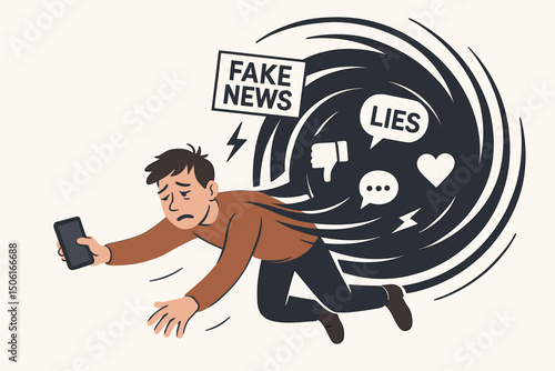 Overwhelmed man holding smartphone pulled into dark swirling vortex representing fake news, lies, and toxic social media influence, illustrating digital anxiety and information overload.