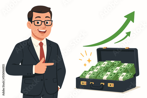 Smiling Investor Points to Growing Wealth: A Visual Metaphor of Financial Success, with a Briefcase Overflowing with Cash and a Promising Upward Trend Arrow